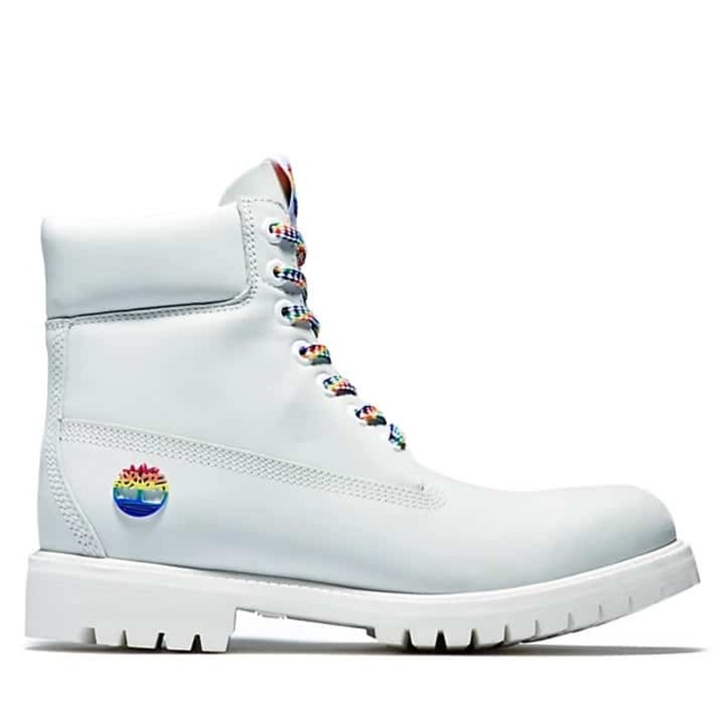 All white timberlands store with rainbow laces